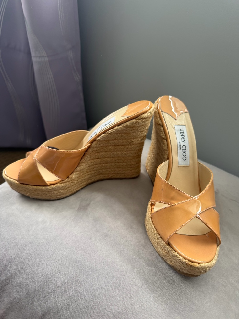 Jimmy Choo Patent Leather Espadrille Wedge Mules – Tan/Camel – EU 40 – Authentic